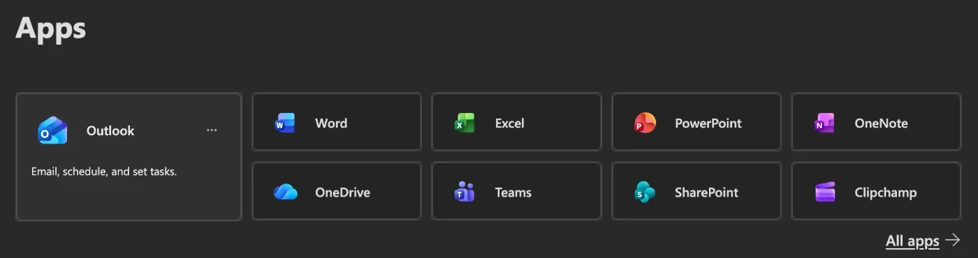 Microsoft 365 met de apps Outlook, Word, Excel, PowerPoint, OneNote, OneDrive, Teams, SharePoint en Clipchamp
